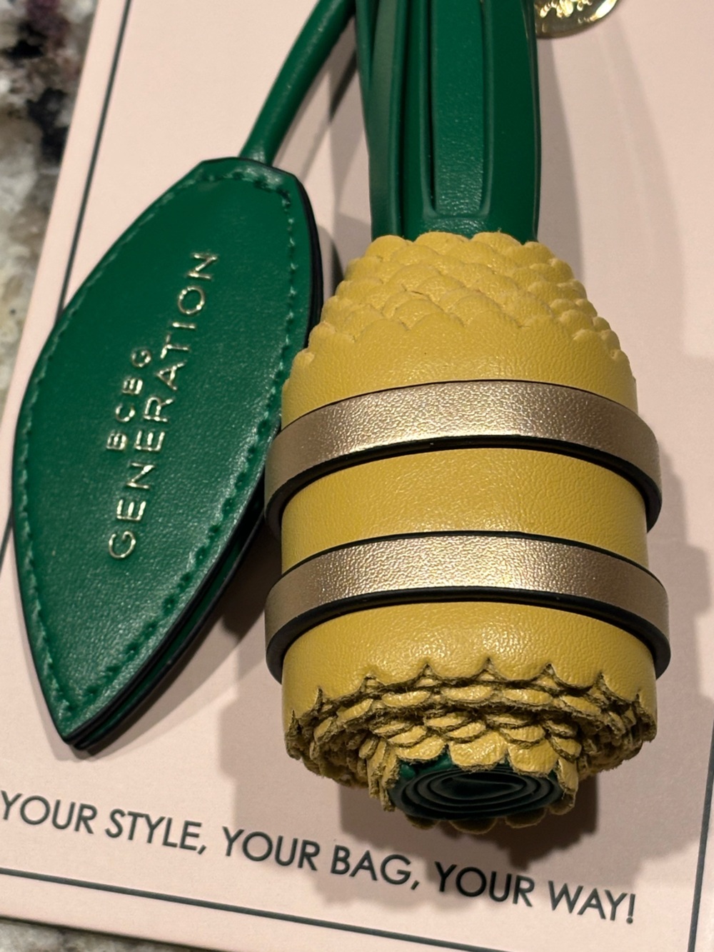 NWT BCBGeneration 3D Pineapple Bag Charm Yellow Green Faux Leather Keychain Gold - Picture 5 of 8